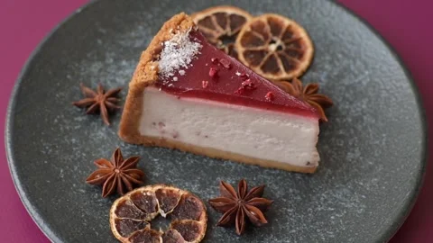 Strawberry cheesecake, a slice of sweet pie, a classic cheesecake dessert. Straw Stock Footage 321416081