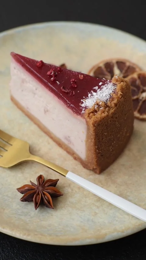 Strawberry cheesecake, a slice of sweet pie, a classic cheesecake dessert. Straw Stock Footage 321416099