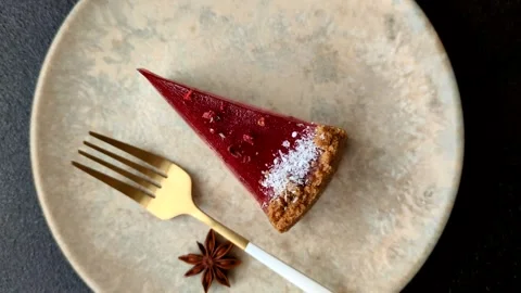 Strawberry cheesecake, a slice of sweet pie, a classic cheesecake dessert. Straw Stock Footage 321416337