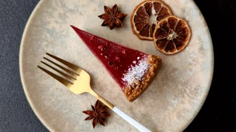 Strawberry cheesecake, a slice of sweet pie, a classic cheesecake dessert. Straw Stock Footage 321416359