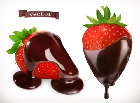 Strawberry in chocolate. 3d realistic vector icon Stock Illustration