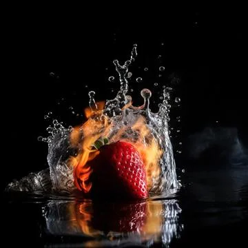 Strawberry in the clash of water and fire on black background. Stock Illustration