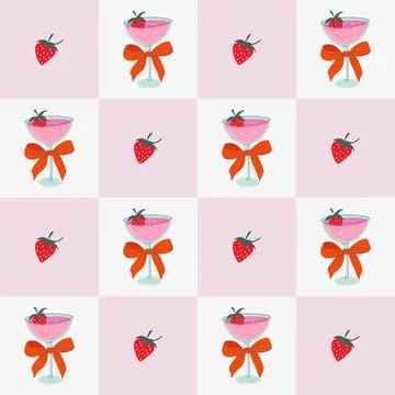 Strawberry cocktail seamless pattern. Geometric retro background. Stock Illustration
