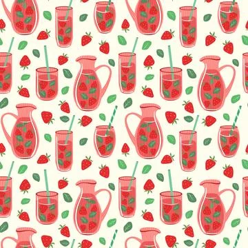 Strawberry cocktail vector seamless pattern. Refreshing summer drink in glass 库存插图