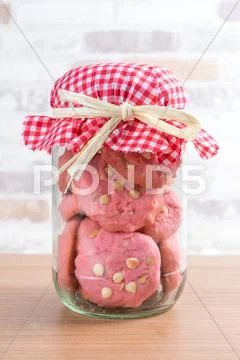 Strawberry Cookies In Glass Canister, Cap With Plaid Fabric