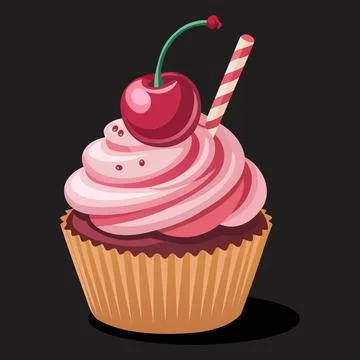 Strawberry Cupcake Vector on Dark Background Sweet Dessert with Cherry and Cream イラスト素材