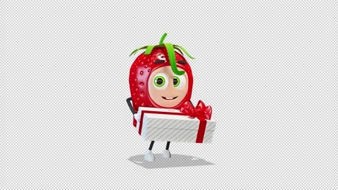 Strawberry dancing with a gift Stockbeeldmateriaal 166749282