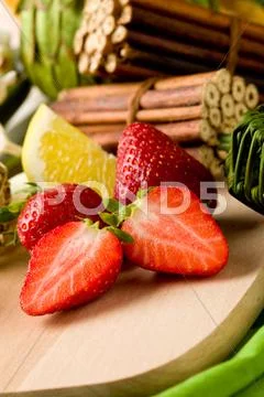 Strawberry dessert on cutting board Stock Photos