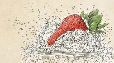 Strawberry that dips into milk Stock Illustration
