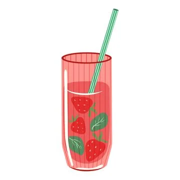 Strawberry drink vector illustration. Ribbed pink glass with berry juice Stock Illustration