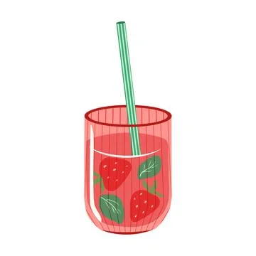 Strawberry drink vector illustration. Ribbed pink glass with red berry juice Illustration