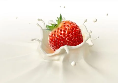 Strawberry falling into milk splashing. Stock Illustration