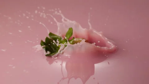 Strawberry falling in milkshake and splashing Stock Footage 149325631