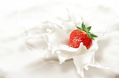 Strawberry falling into a sea of milk, causing a splash. Stock Illustration