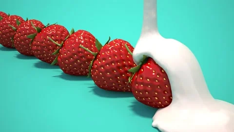 Strawberry falling into splashing cream. 3d illustration Stock-Footage 145307474
