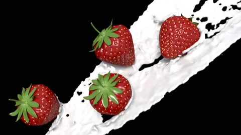 Strawberry falling into splashing milk. 3d illustration Stock Footage 143326599