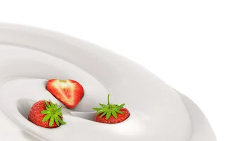Strawberry float in a yogurt Presentation of dairy products flavored 3d rende Stock-Fotos