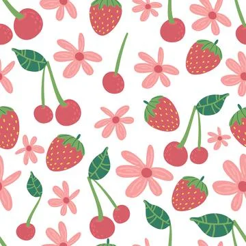 Strawberry flowers cherry seamless vector pattern. Repeating background with  Stock Illustration
