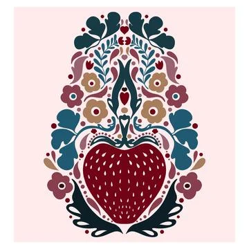 Strawberry. Folk-style pattern, symmetrical, detailed vector element. Rustic, Stockillustratie