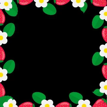 Strawberry frame with ripe red berries, green leaves and white flowers summ.. 스톡 일러스트