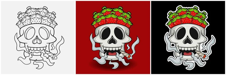 Strawberry Fruit Inside Skull Head With Smoking Character Cartoon. Black Wh.. Stock Illustration