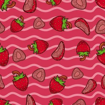 Strawberry Fruit Seamless Pattern in Cartoon Style. Perfect For Background,.. Stock Illustration