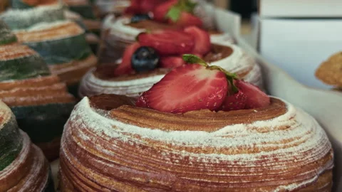 Strawberry Fruit Topped Pastries in Bakery Showcase 1 Stock Footage 324611235