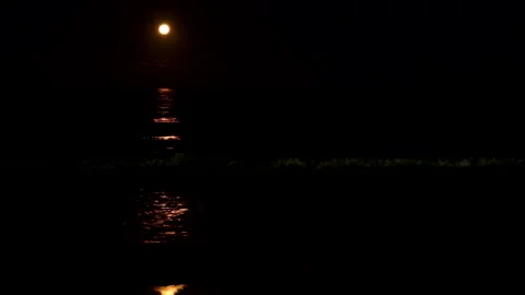Strawberry full moon rises over ocean throwing moonlight line over surface Stock Footage 340409274