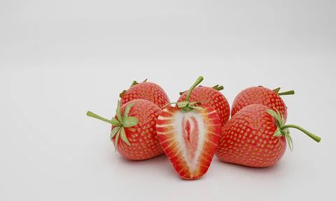 Strawberry full red and split, isolated on white background and wallpaper. 3D Stock Illustration