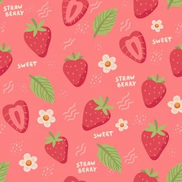 Strawberry hand drawn seamless pattern. Cute colorful strawberries with flowers Illustrazione stock