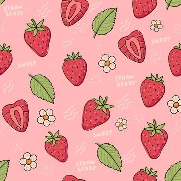 Strawberry hand drawn seamless pattern. Cute colorful strawberries with flowers Illustrazione stock