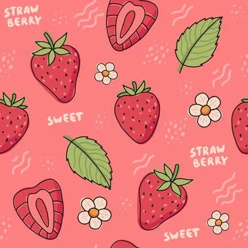 Strawberry hand drawn seamless pattern. Cute colorful strawberries with flowe Illustration