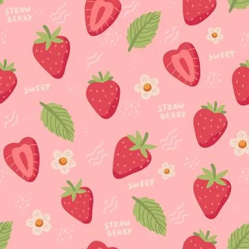 Strawberry hand drawn seamless pattern. Cute strawberries with flowers and le 库存插图