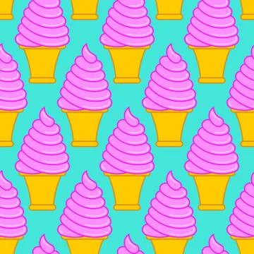 Strawberry ice cream cone pattern. Large sweet vanilla cone background Stock Illustration