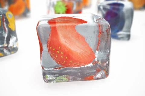 Strawberry in ice cube isolated on white with depth of field effects. Ice cubes Illustrazione stock