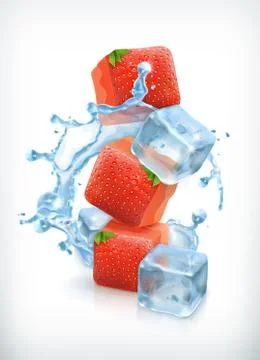 Strawberry ice cubes and a splash of water, cocktail vector illustration Stock Illustration