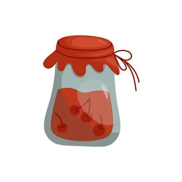 Strawberry jam in glass jar vector flat illustration. Homemade berry jelly .. Stock Illustration