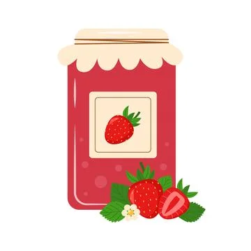 Strawberry jam glass jar vector illustration isolated on white background Stock Illustration