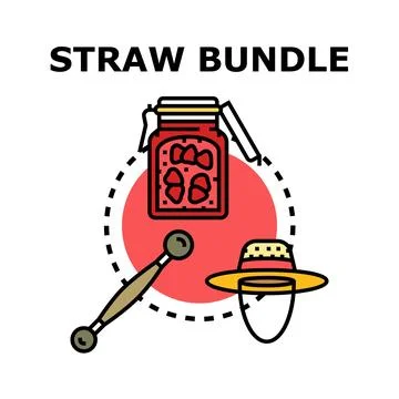 Strawberry jam jar spoon and straw straw hat concept Stock Illustration