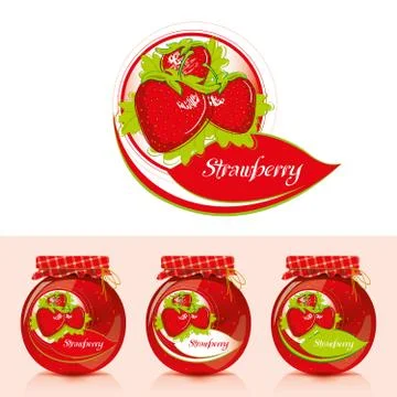 Strawberry jam label with jar  Stock Illustration