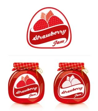 Strawberry jam label with jar Stock Illustration