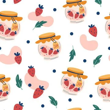 Strawberry jam seamless pattern. Sweet homemade dessert. Beautiful background Stock Illustration
