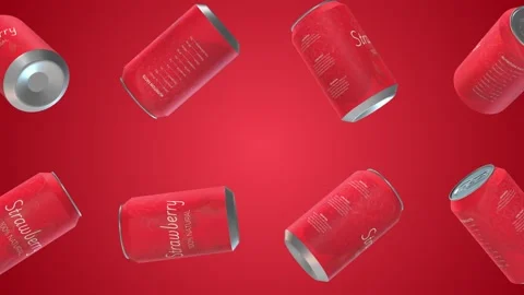 Strawberry Juice Cans Falling on a Dark Background. Soda Cans 3D Animation. 4K Stock Footage 304032688