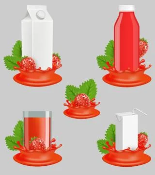 Strawberry juice package vector realistic mockup set Stock Illustration