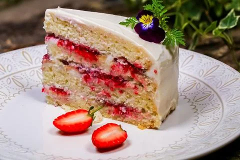 Strawberry Layer Cake, Leafy Backdrop Stock Photos