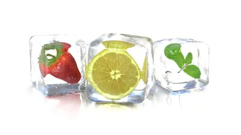 Strawberry lemon and a mint leaf into ice cubes. 3D Rendering Stock Illustration