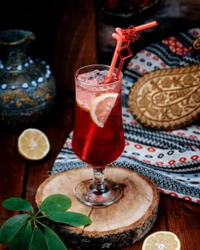 Strawberry lemonade with lemon slice Stock Photos