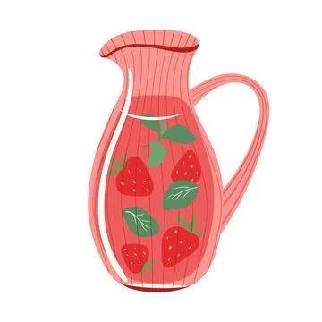 Strawberry lemonade pitcher vector illustration. Ribbed glass jug with berries Stock Illustration