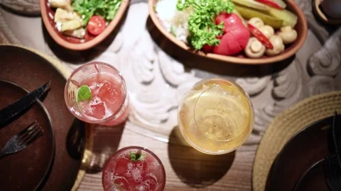Strawberry lemonade refreshing summer beverage in cafe, cold fruit drink Stock Footage 344744794