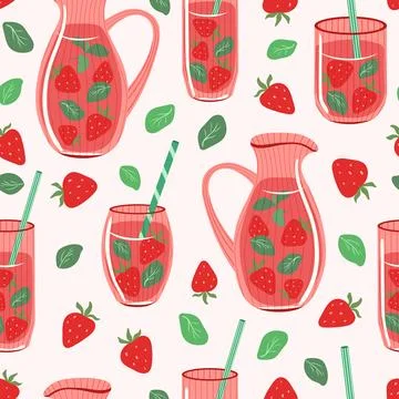 Strawberry lemonade vector seamless pattern. Summer drink in ribbed glasses Stock Illustration